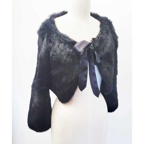 Vintage Y2K BEBE Black 100% Rabbit Fur Silk Bow Crop Bolero Shawl Jacket S - Picture 10 of 10